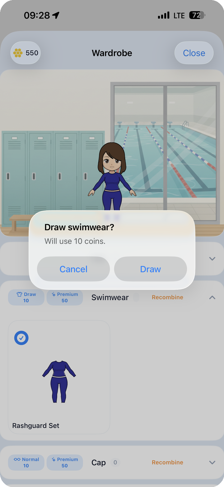 Wardrobe screen — coin balance, category tabs, Draw / Premium draw, Recombine