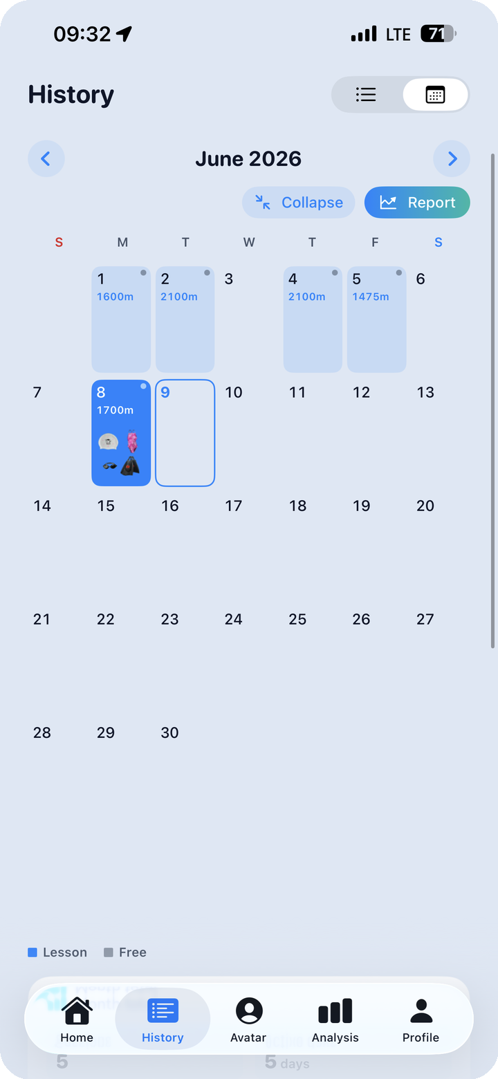 Monthly calendar — each swim date shows a mini outfit thumbnail