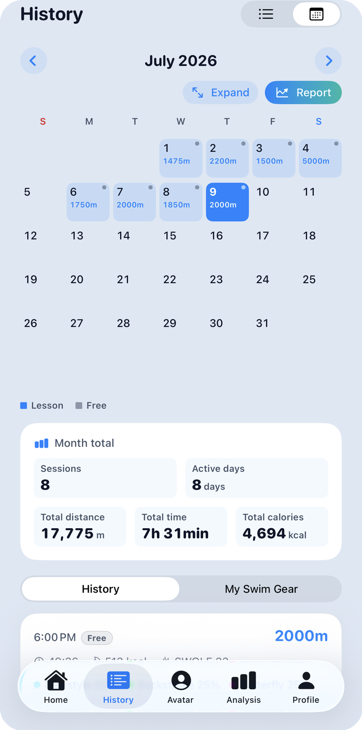 History calendar — month grid, lesson/free colors