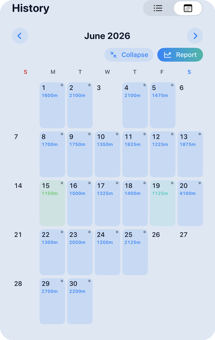 History calendar — session preview + gear toggle