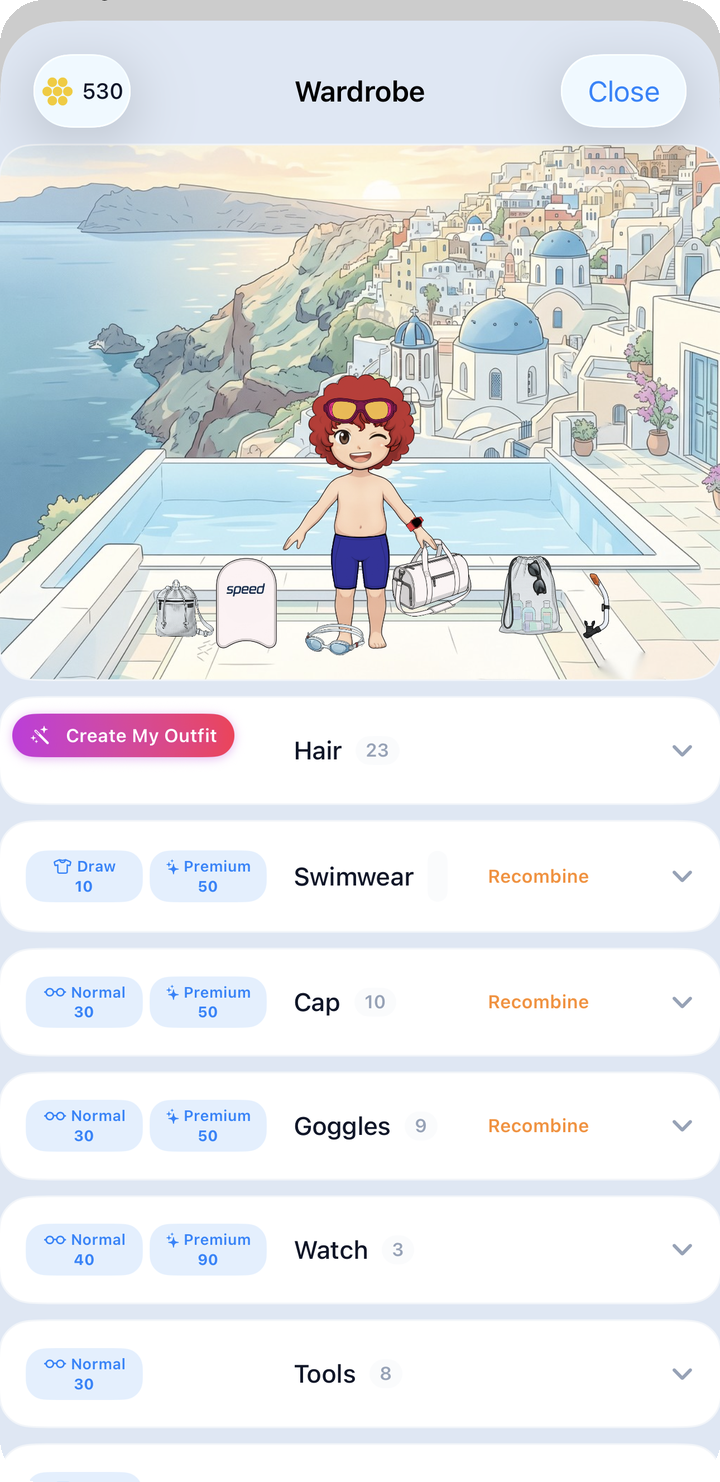 Wardrobe first screen — category list, coin balance, standard/premium draw buttons