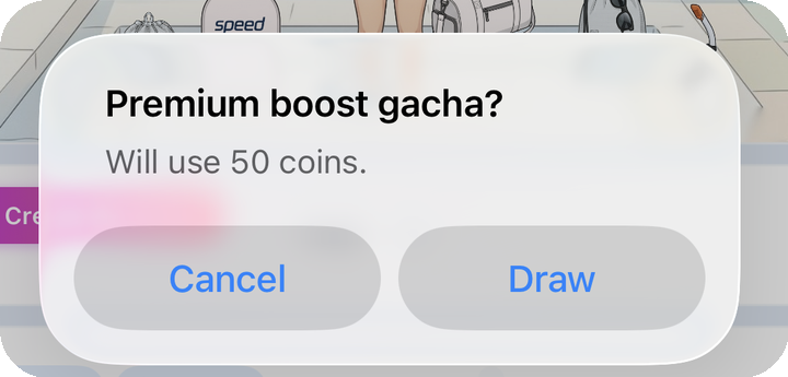 Premium boost draw confirmation popup — coin cost notice