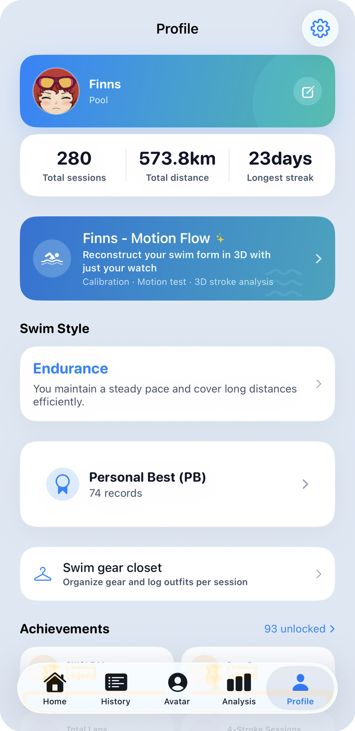 Profile main — top card, sessions, distance, streak