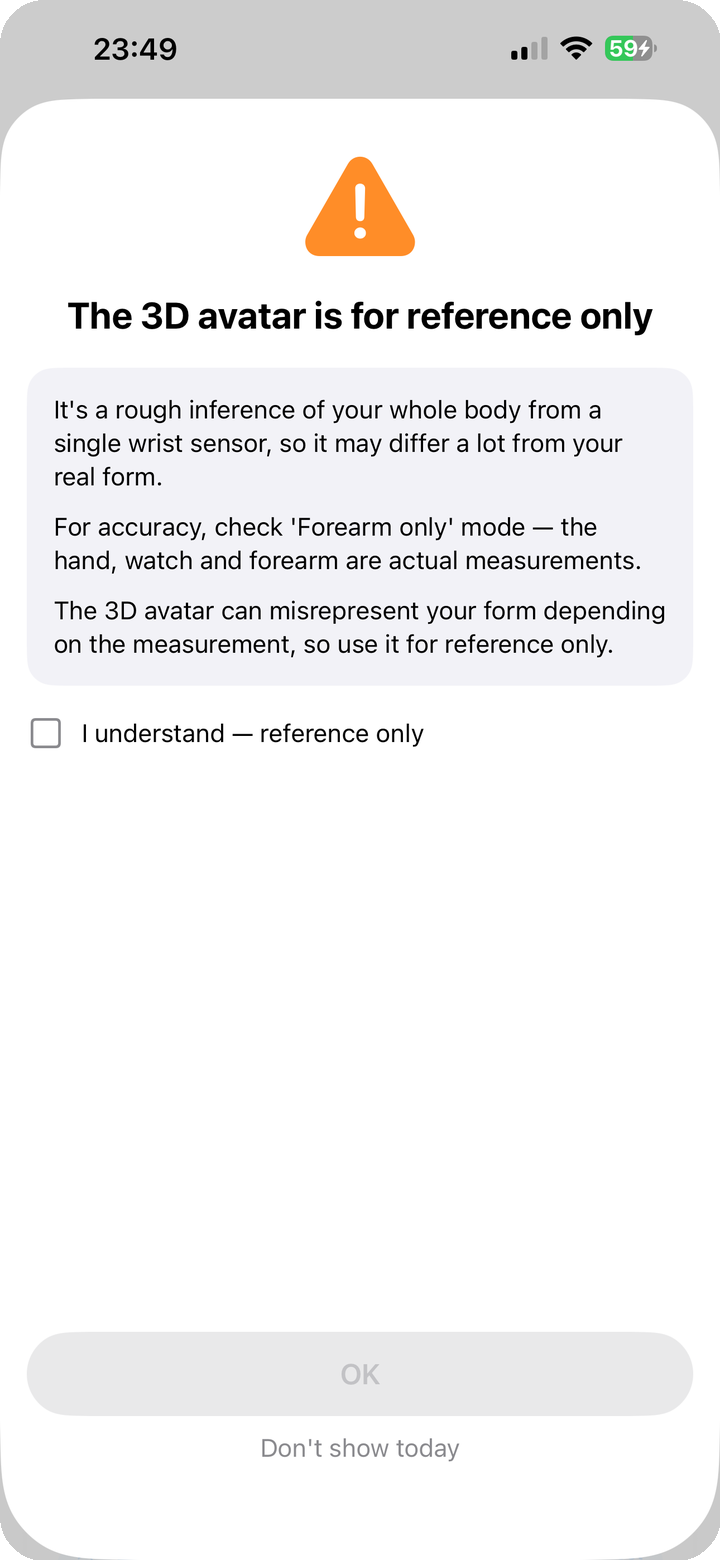 Accuracy notice — the 3D avatar is for reference