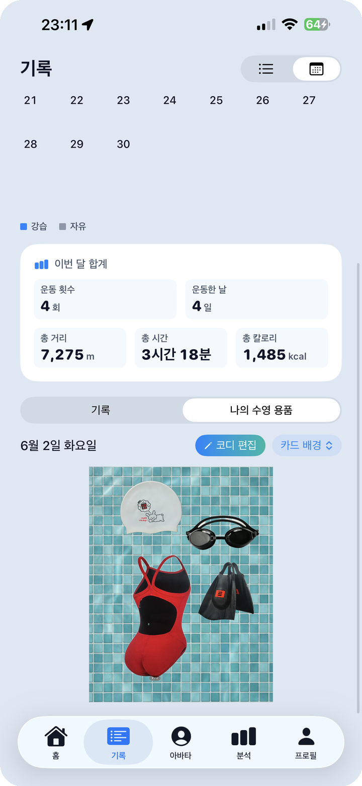 날짜별 코디 카드 — 수모·수경·수영복·오리발이 배경 위에 배치된 카드