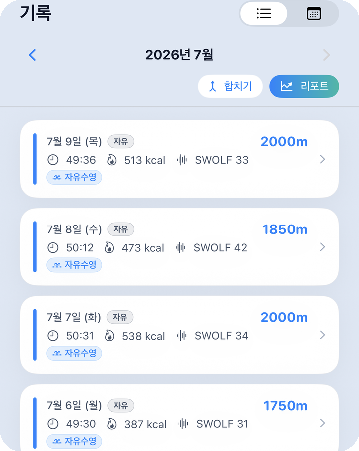 세션 리스트 — 월별 행·라벨·거리
