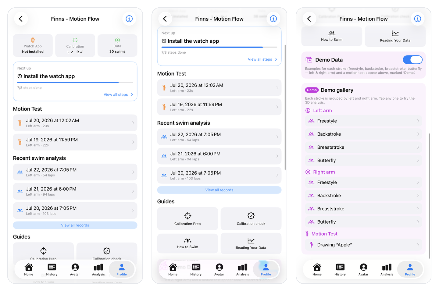 Finns - Motion Flow hub — status strip, next up, records, guides, and the demo gallery
