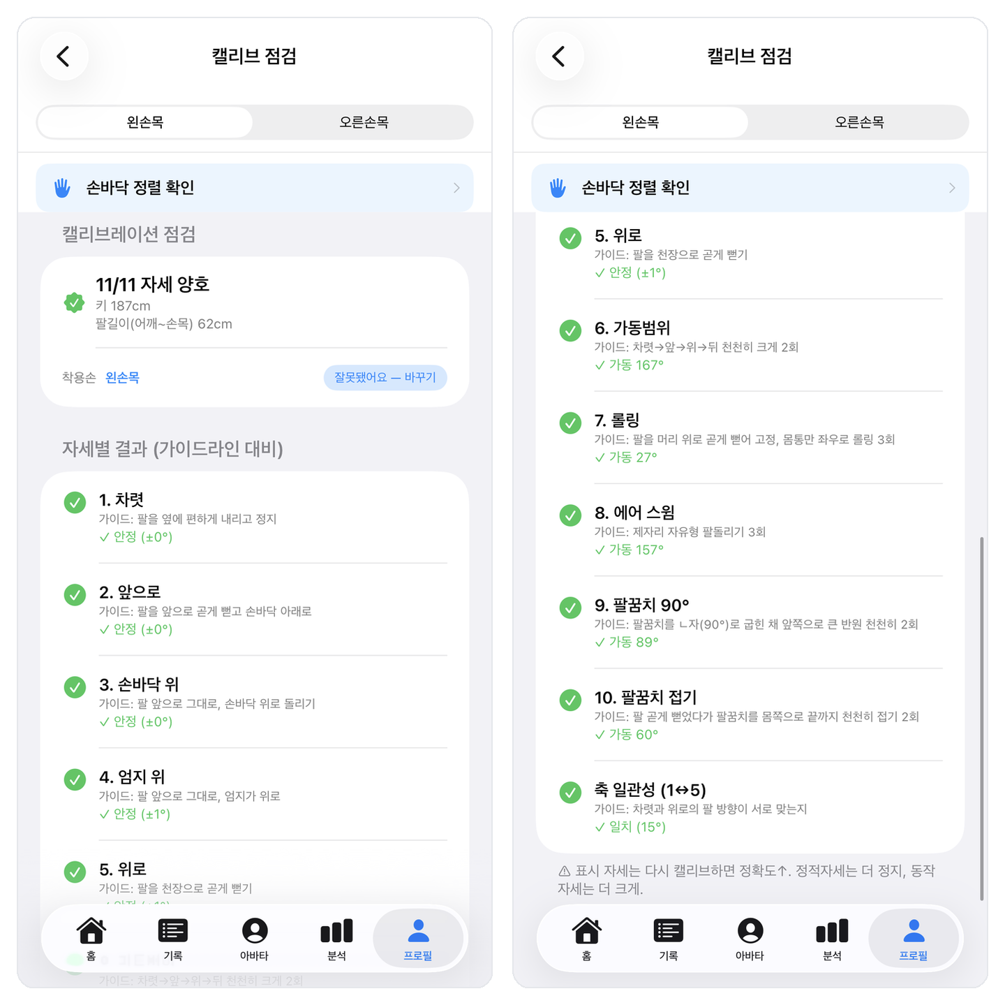 캘리브 점검 — 11/11 자세 양호, 자세별 결과와 가이드