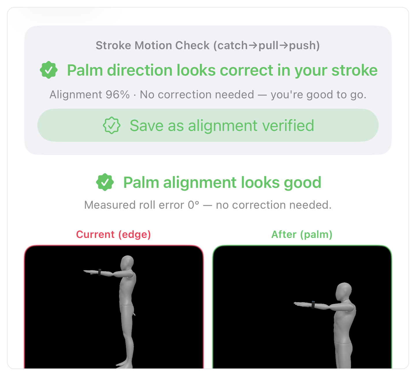 Palm Alignment Check — before/after 3D comparison