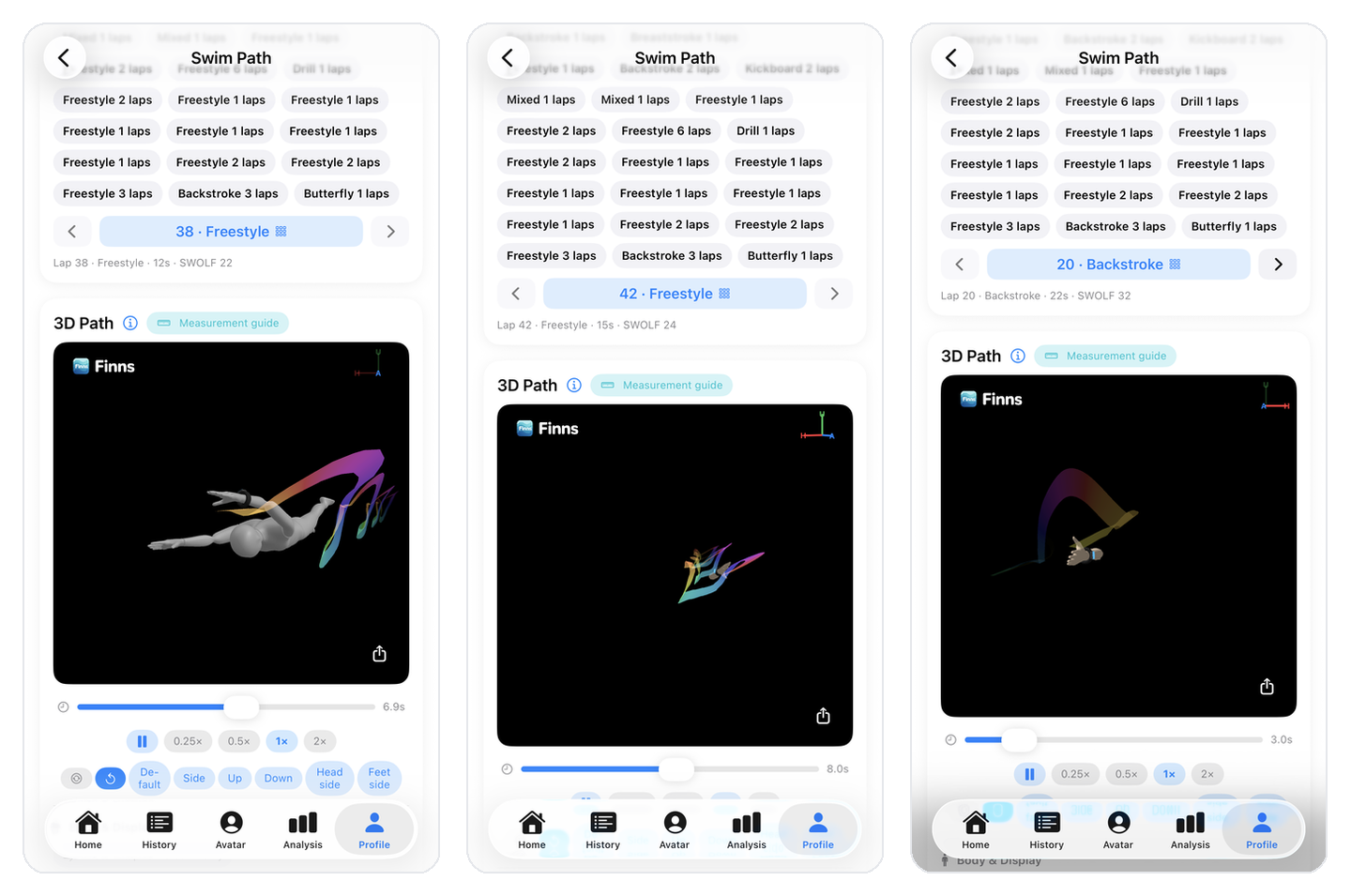 Swim Path 3D — range selection, full avatar, playback controls