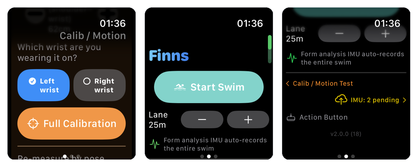 워치 — 손목 선택·Start Swim·설정: Calib/Motion Test, IMU 전송, 액션 버튼