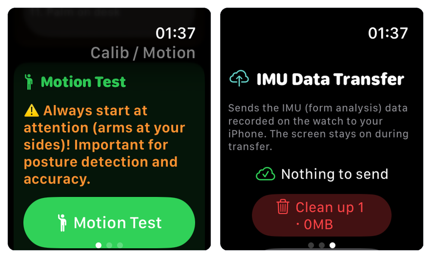 워치 — Motion Test 시작 안내와 IMU Data Transfer